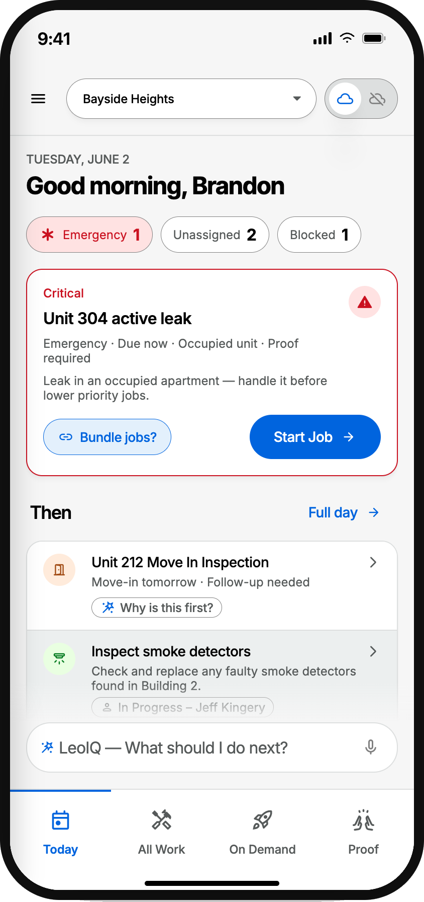 Leo247.io mobile Today view showing prioritized work for a property